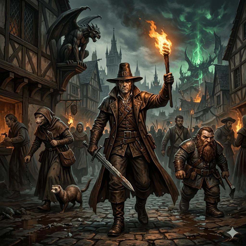 L'atmosphère est sombre et menaçante dans cette ruelle boueuse du Vieux Monde. Un répurgateur austère, dont le visage est marqué par la lutte contre le Chaos, brandit une torche et une épée au milieu d'une foule oppressante. Le danger rode à chaque coin de rue.